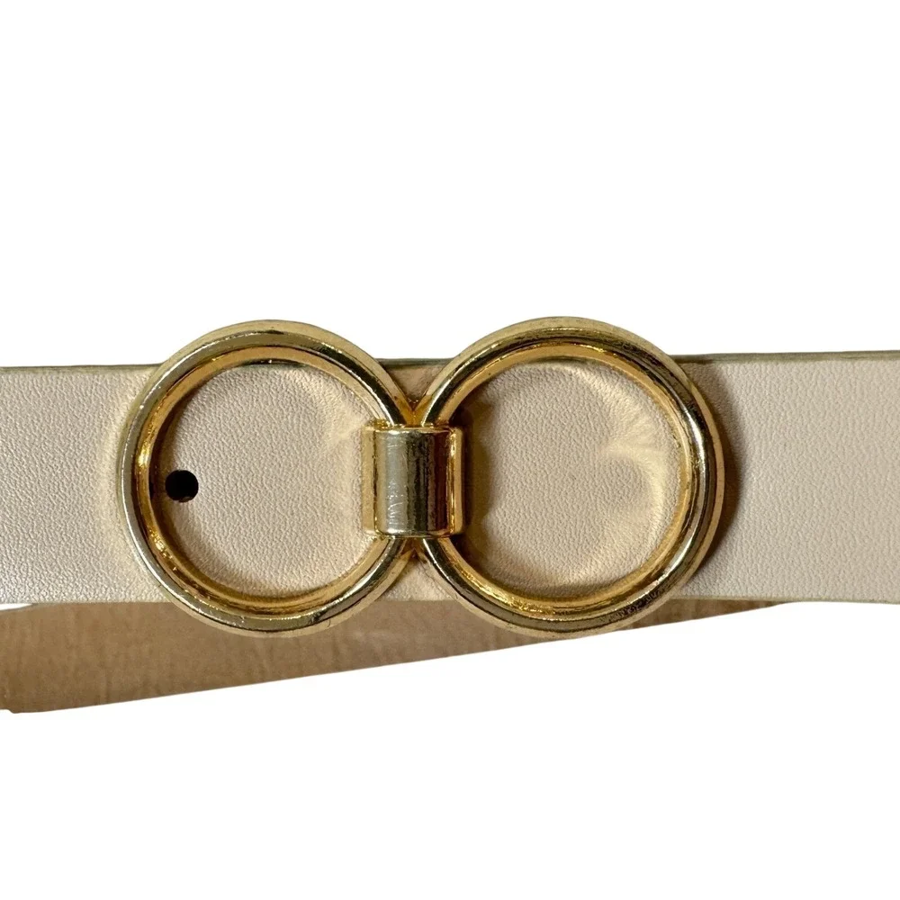 Tan Beige Skinny‎ Belt Gold Double Circle Interlocking Buckle Faux Leather 40in